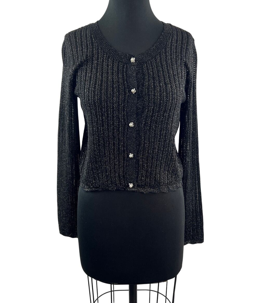 TAYLOR Black Silver Cardigan Sweater Ribbon Knit Pearl Floral Button Med M NEW